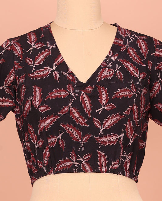 Black Cotton Readymade Blouse Subtly Sparked with Leaf Motifs Print, Featuring a Front V-Neck, a Closed Back Neck, and Elbow Sleeves