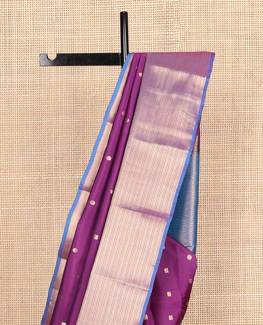 Purple mayil chakram buttas Vasundhara silk mix saree, contrast traditional zari design border & jaal pallu