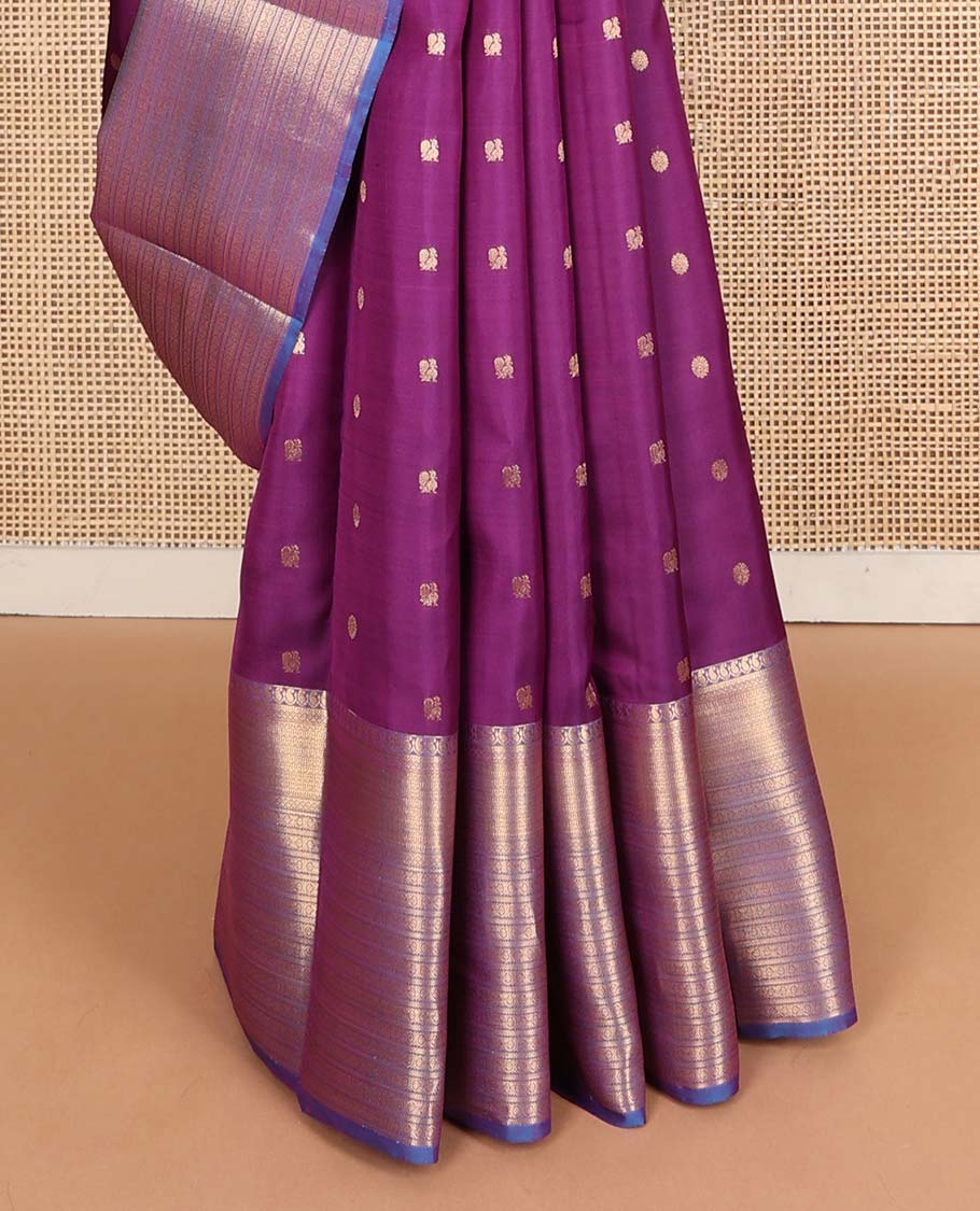 Purple mayil chakram buttas Vasundhara silk mix saree, contrast traditional zari design border & jaal pallu