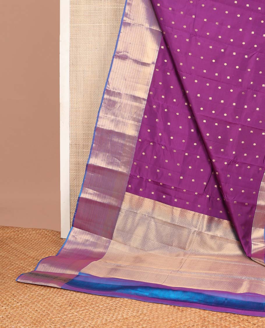 Purple mayil chakram buttas Vasundhara silk mix saree, contrast traditional zari design border & jaal pallu