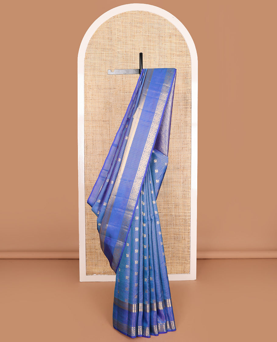 Blue zari buttas and checked Vasundhara silk mix saree, traditional zari border and pallu of kodi visiry