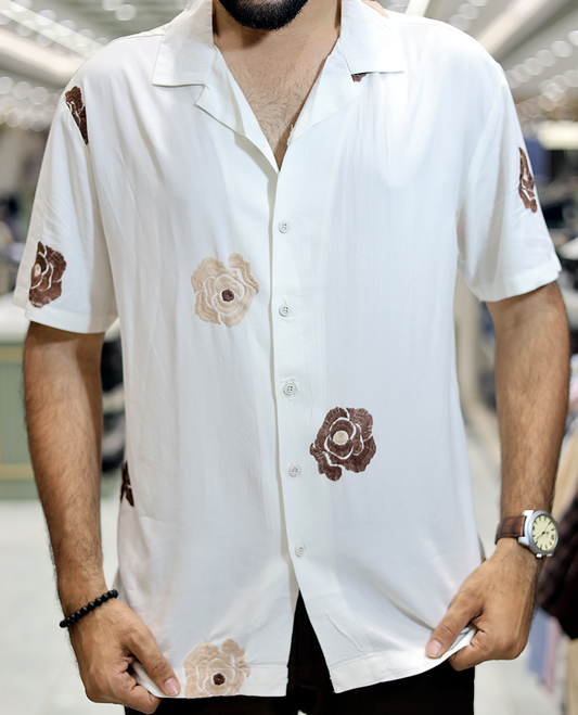 White Floral Embroidery Cotton-Blended Casual Shirt
