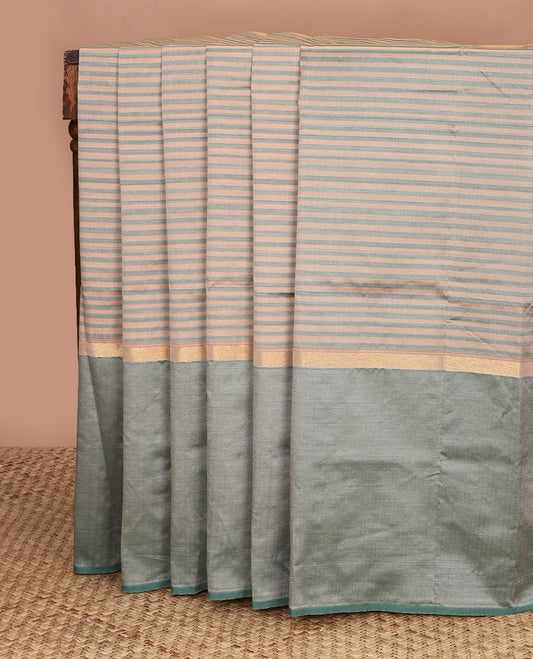 Beige-blue striped poly cotton saree, contrast ganga jamuna zari border & contrast zari striped pallu