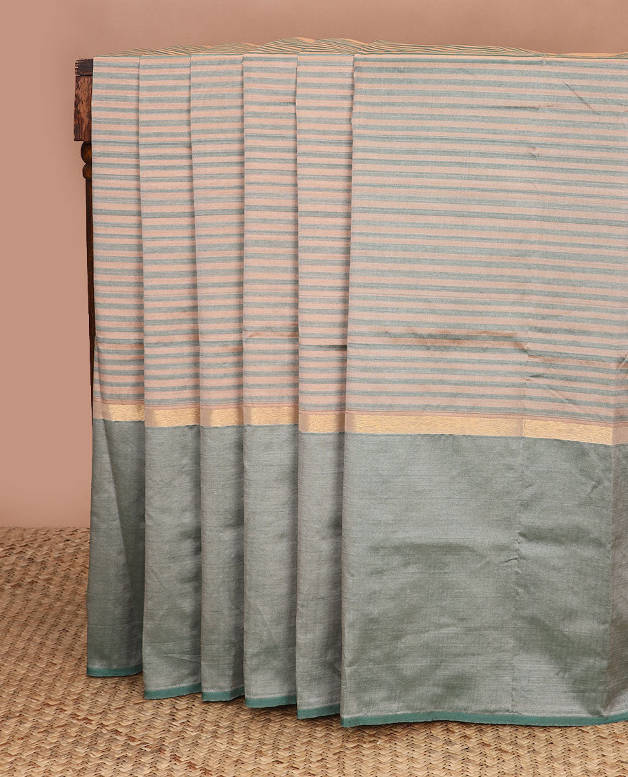 Beige-blue striped poly cotton saree, contrast ganga jamuna zari border & contrast zari striped pallu