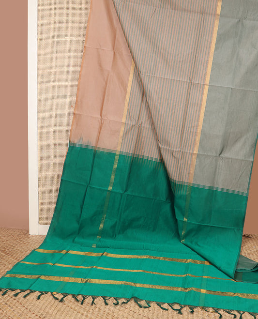 Beige-blue striped poly cotton saree, contrast ganga jamuna zari border & contrast zari striped pallu