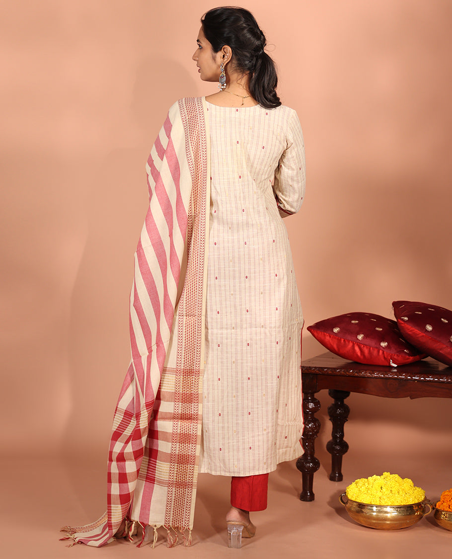 Light Sandal-Red Cotton Readymade Suit