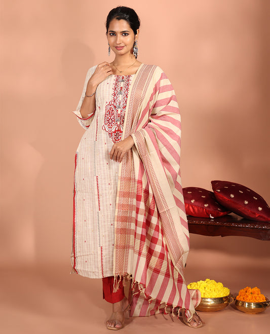 Light Sandal-Red Cotton Readymade Suit