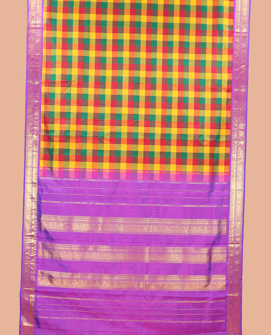 Multi-color paalum pazhamum checked nine-yard silk saree, contrast korvai border & pallu of muthu,mayil kann,neli & annam designs