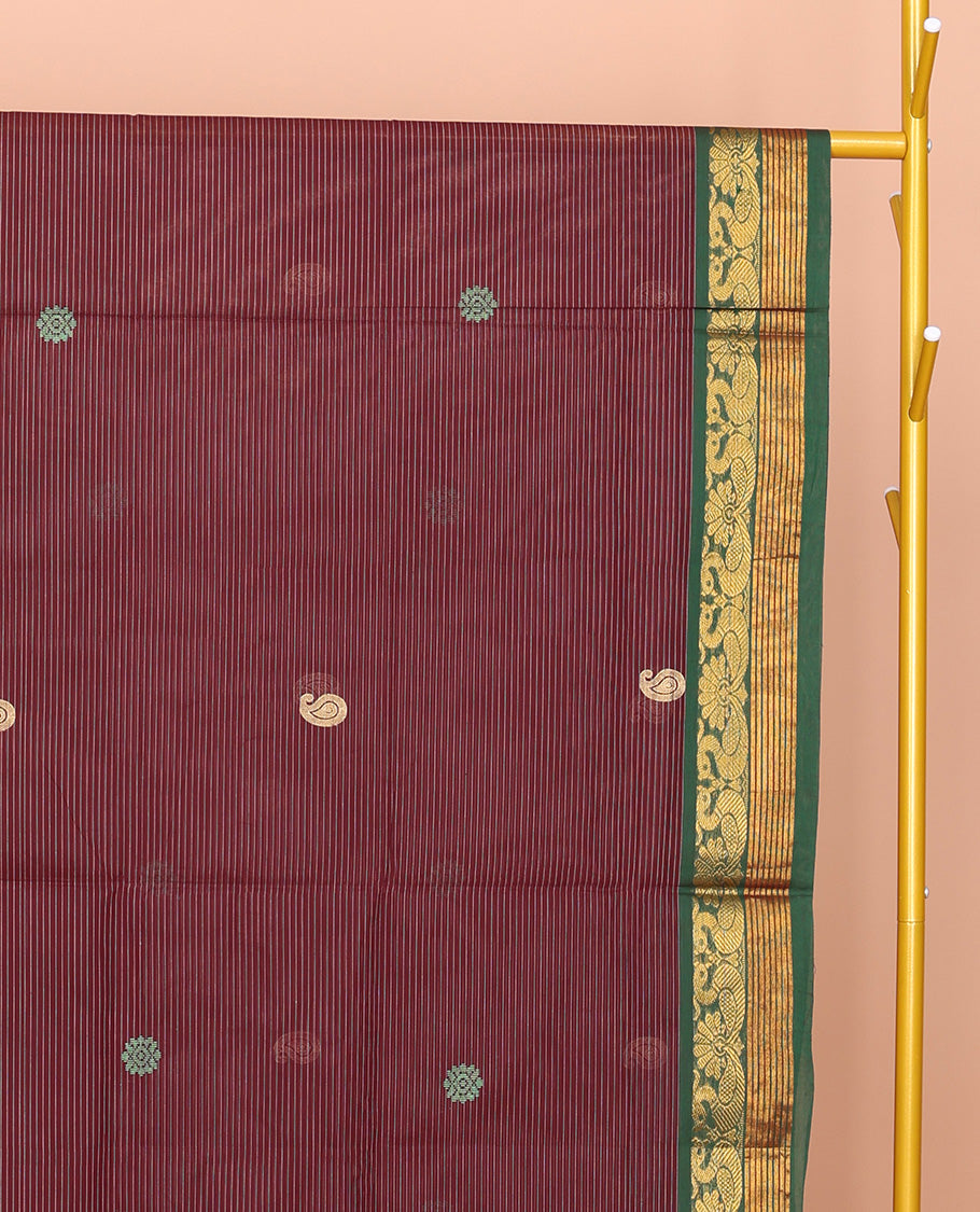 Maroon Venkatagiri Cotton Saree Features Buttas and Stripes, a Contrast Traditional Zari Border, Pallu of Buttas and Stripes, and No Blouse