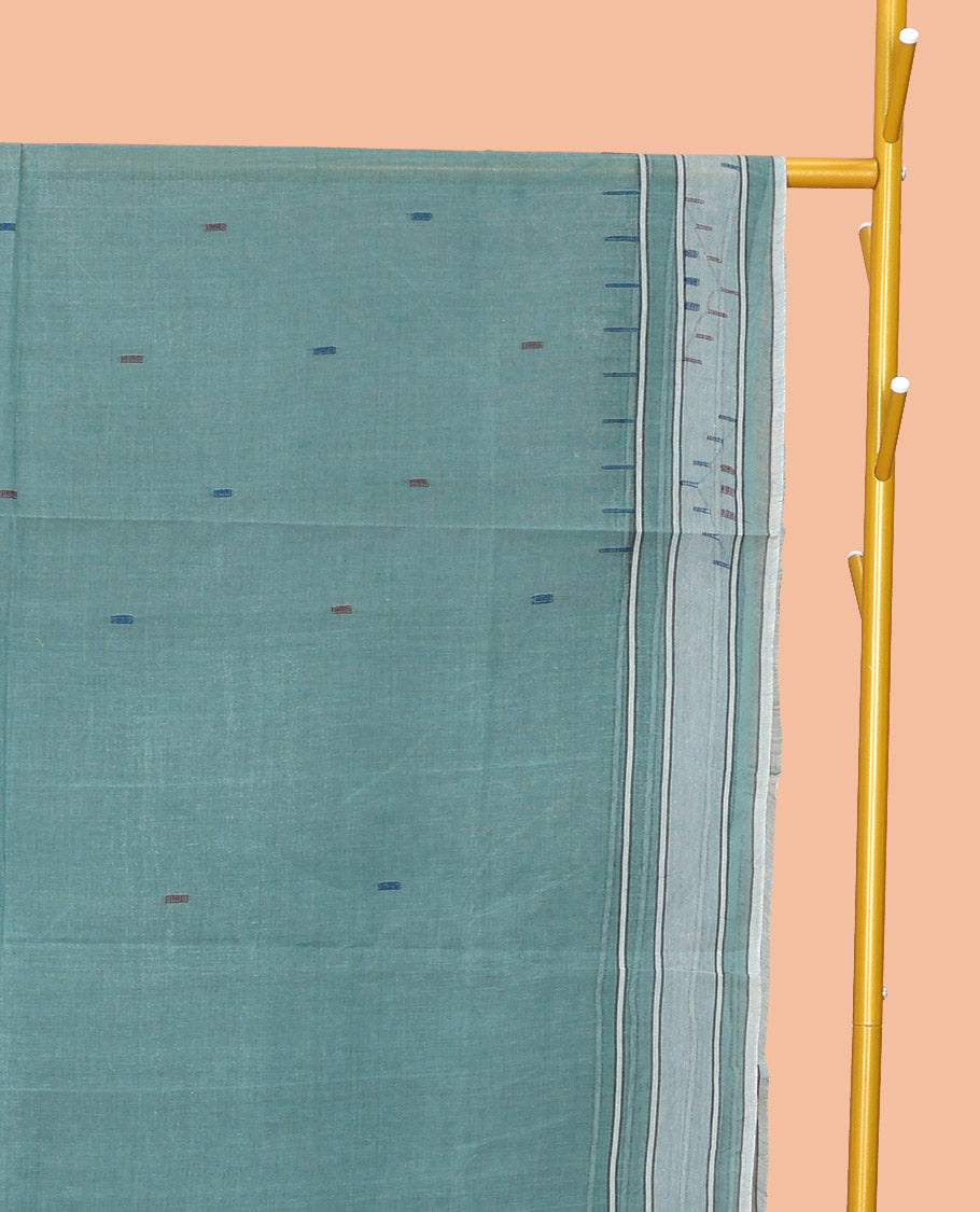 Blue Bengal Cotton Saree, Featuring Thread Buttas, a Subtle Border, Pallu of Stripes and Buttas, and a Matching Blouse