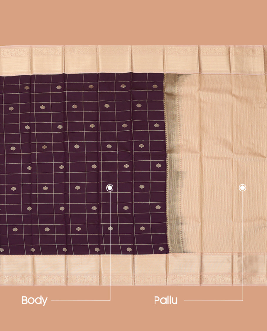 Dark Purple Budget Silk Saree, Enthralled with Zari Buttas Enclosed Checks, Complemented by Contrast Traditional Zari Border, a Grand Pallu and a Contrast Blouse
