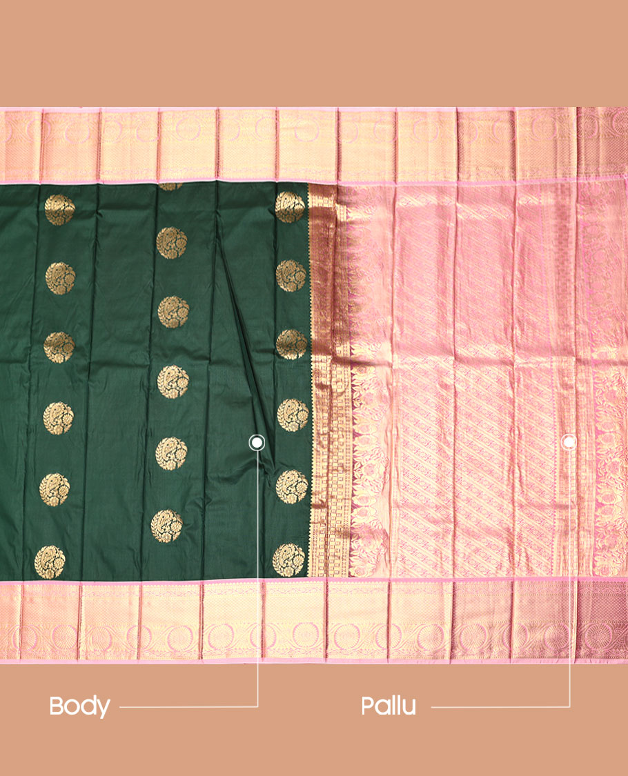 Green Budget Silk Saree, Enriched with Zari Buttas, Complemented by Contrast Traditional Zari Border, an Intricate Pallu and a Contrast Blouse