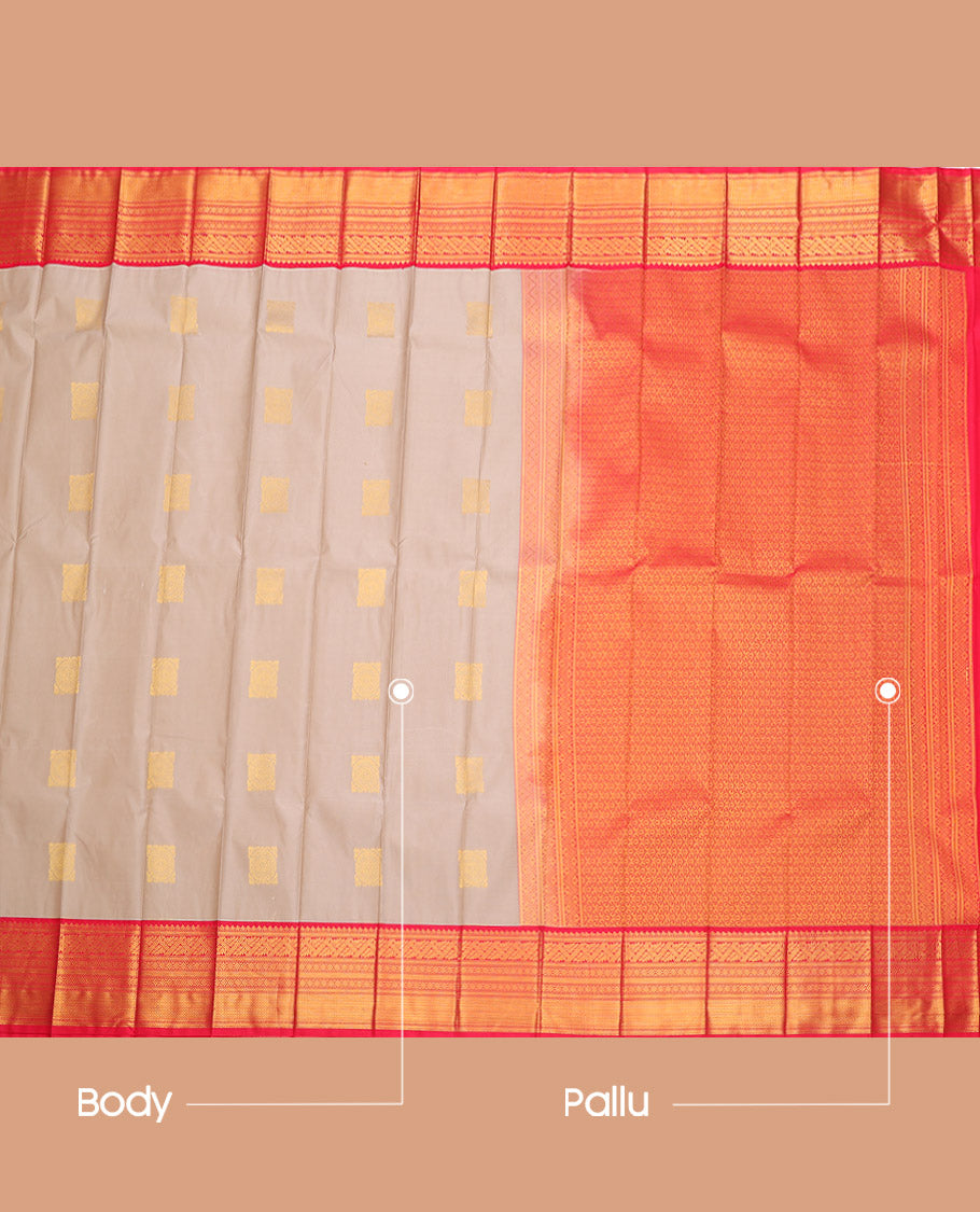 Grey Budget Silk Saree, Embellished with Zari Buttas, Complemented by a Contrast Traditional Zari Border, Grand Pallu, and a Contrast Blouse