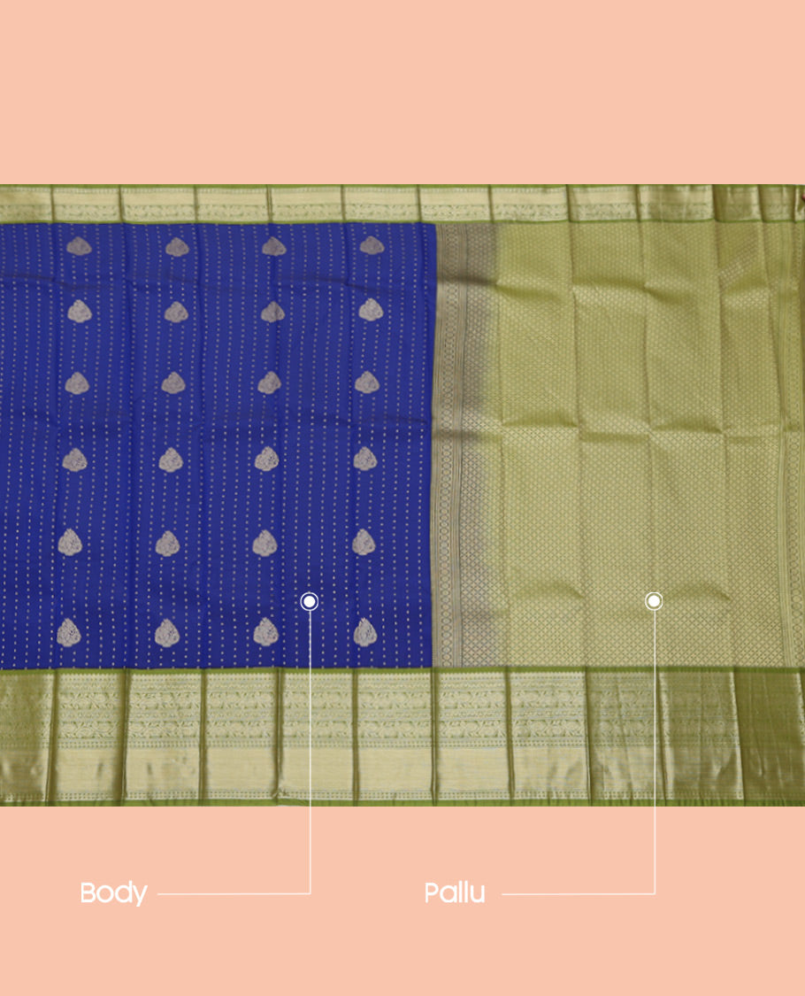 Blue Budget Silk Saree, Steeped with Zari Buttas, Complemented by a Contrast Traditional Zari Rettai Pettu Border, Jaal Pallu, and Contrast Blouse
