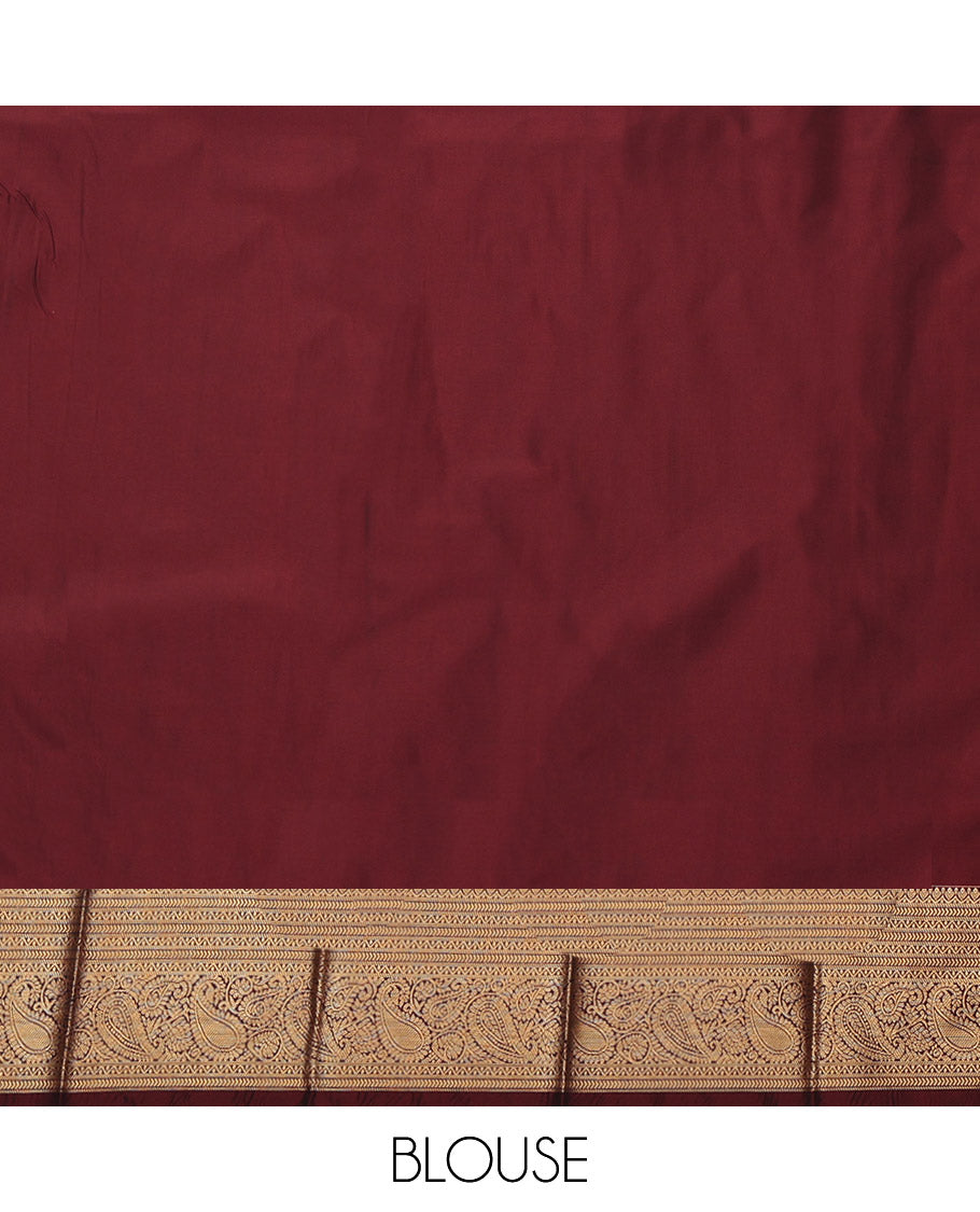 Maroon Budget Silk Saree, Adorned with Zari Buttas, Highlighted by a Traditional Zari Border, Intricate Pallu, and a Matching Blouse