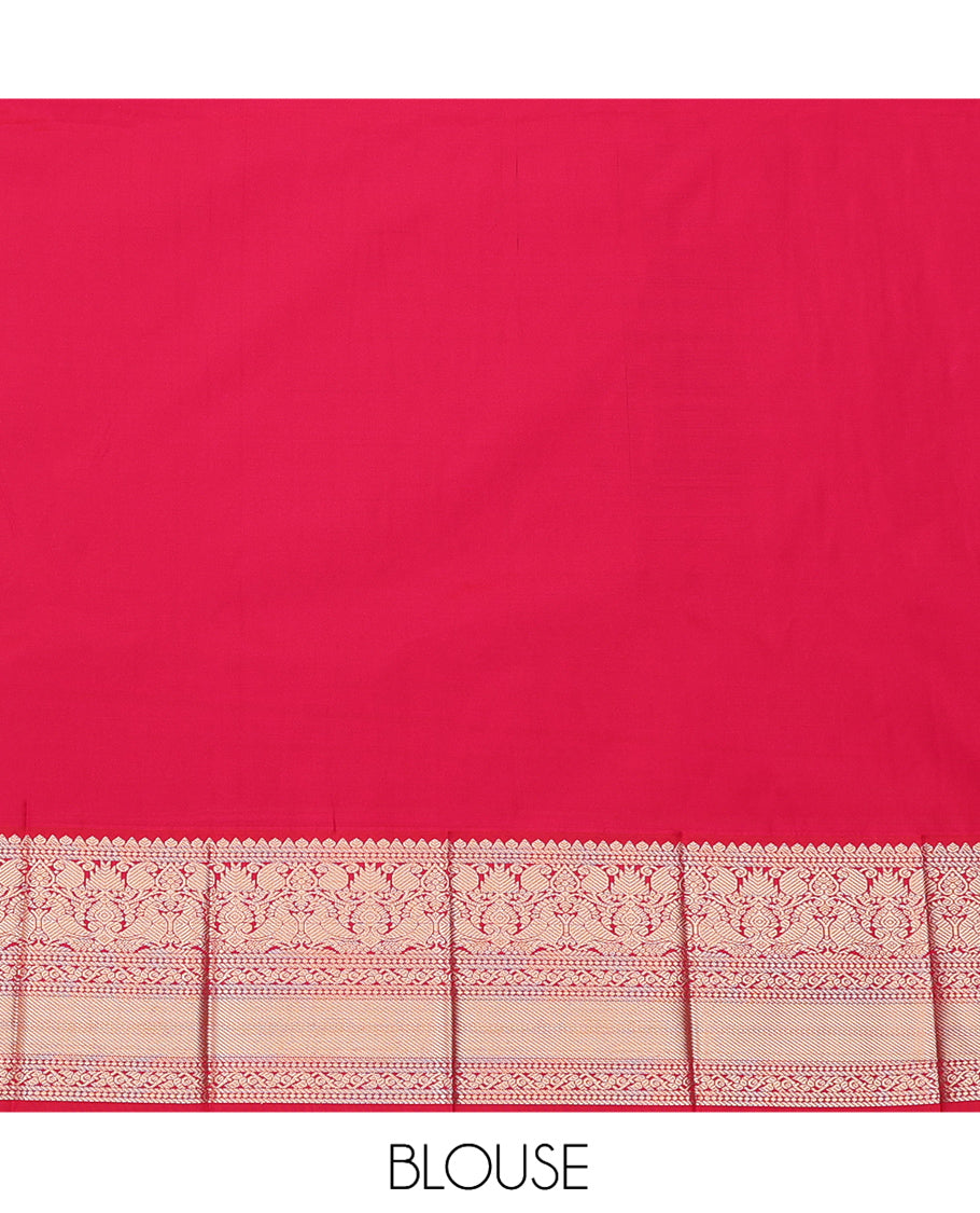 Green Budget Silk Saree, Gleamed Up with Zari Buttas and Stripes, a Contrast Traditional Zari Border, Grand Pallu, and a Contrast Blouse