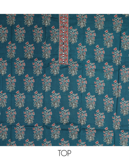 Blue Material Chudidar Set, Enthralled with Floral Printed Cotton Top, a Plain Cotton Bottom, and Paired with a Ajrakh Printed Cotton Dupatta