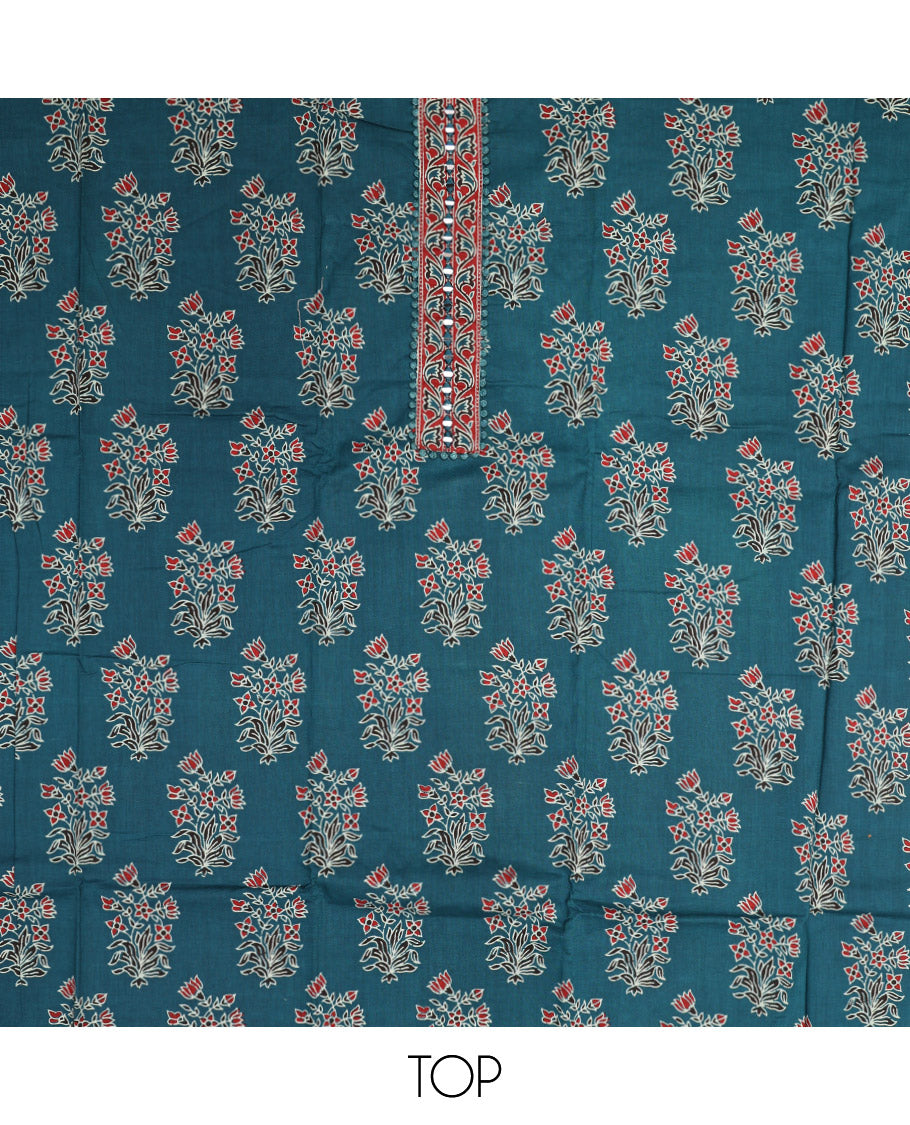 Blue Material Chudidar Set, Enthralled with Floral Printed Cotton Top, a Plain Cotton Bottom, and Paired with a Ajrakh Printed Cotton Dupatta