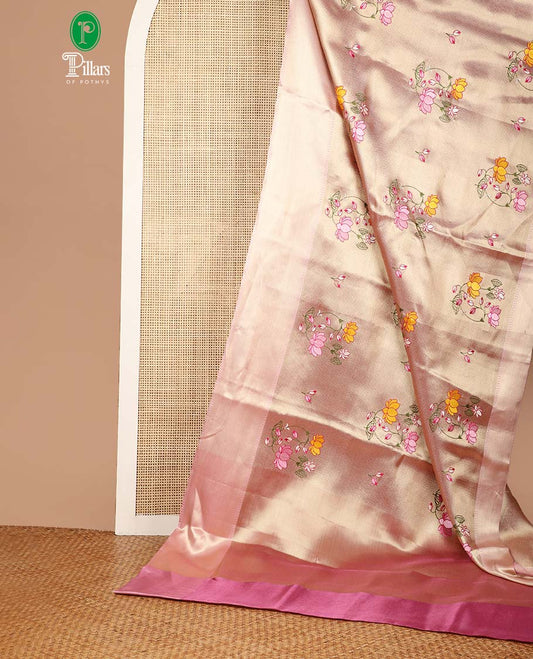 Pink floral embroidery tissue celebrity saree with pavanchi border & rich pallu along with tissue blouse