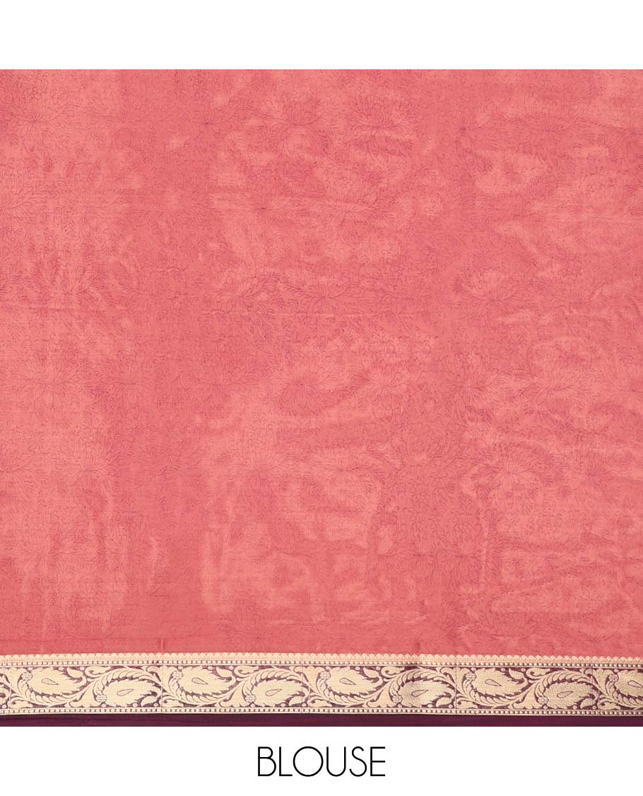 Pink paisley vine semi-banaras printed saree, contrast paisleys border & intricate pallu 