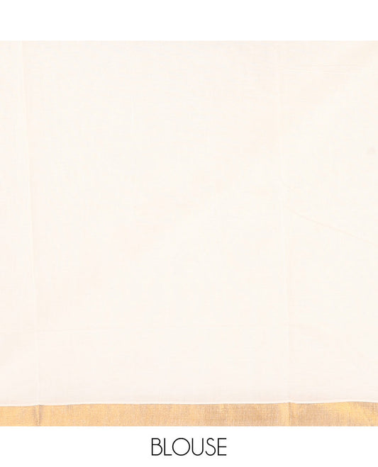 Cream Kerala Saree, Detailed with Zari Stripes on Its Body, Bavanji Zari Border, Artfully Zari Woven Pallu of Peacock Designs, and Paired with a Matching Blouse