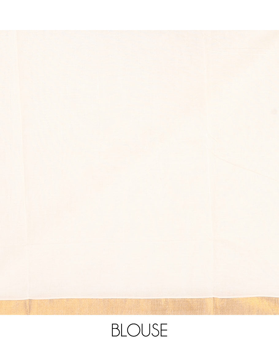 Cream Kerala Saree, Detailed with Zari Stripes on Its Body, Bavanji Zari Border, Artfully Zari Woven Pallu of Peacock Designs, and Paired with a Matching Blouse