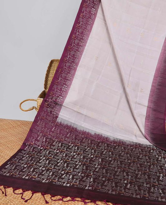 Grey soft silk saree with contrast floral zari border & floral jacquard design pallu