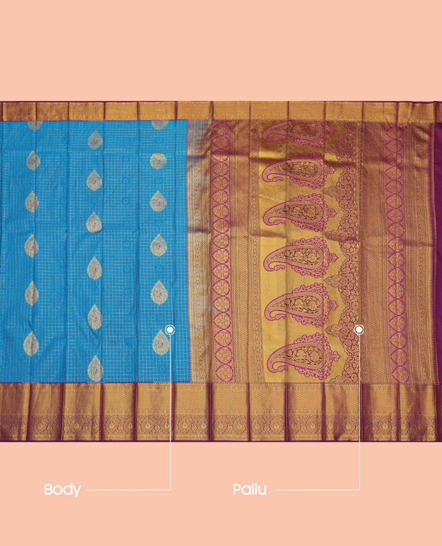 Blue Budget Silk Saree, Ornamented with Zari Buttas and Checks, a Contrast Traditional Zari Border, Grand Pallu, and a Contrast Blouse