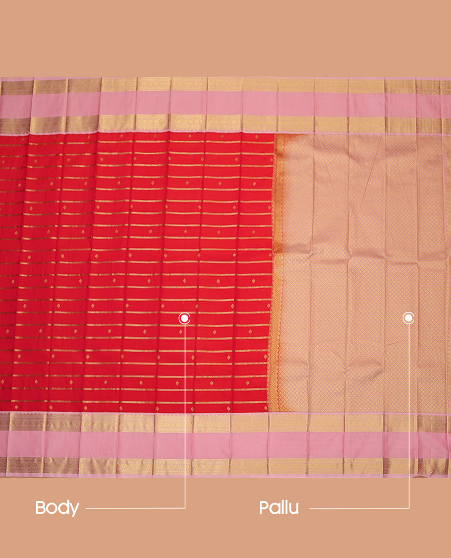 Red Budget Silk Saree, Adorned with Zari Buttas and Stripes, Complemented by a Contrast Traditional Rettai Pettu Border, Grand Pallu, and Contrast Blouse