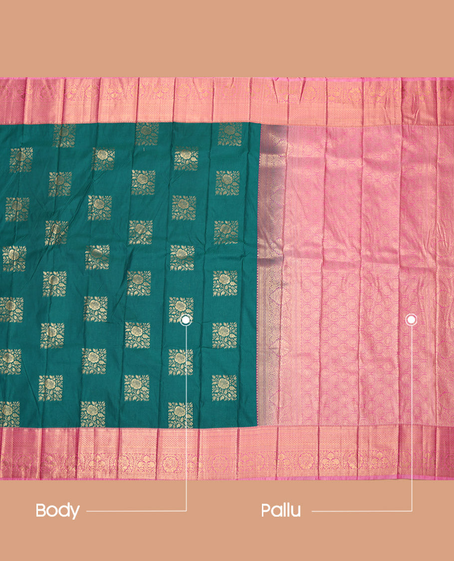 Green Budget Silk Saree, Crafted with Zari Buttas, Complemented by a Contrast Traditional Border, Grand Pallu, and a Contrast Blouse