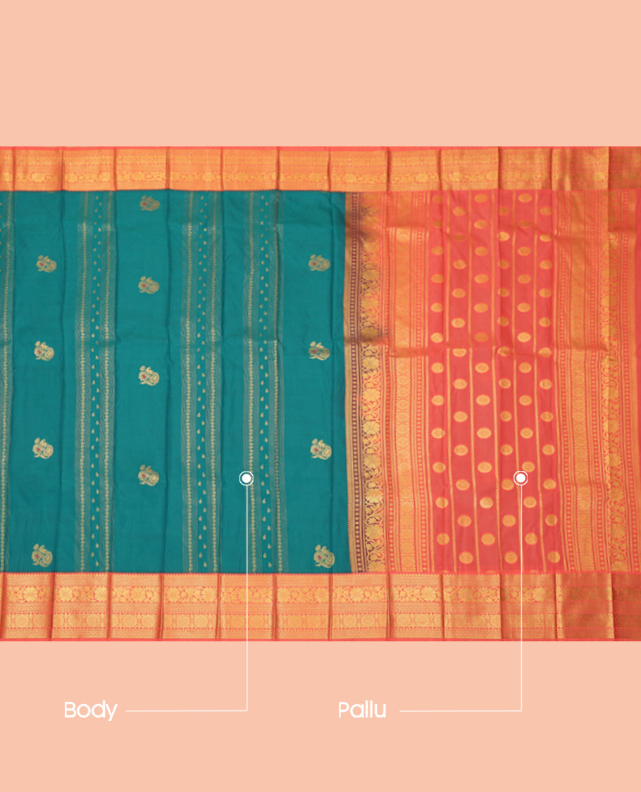 Blue Budget Silk Saree, Detailed with Zari Buttas, a Contrast Traditional  Zari Border, a Grand Pallu and a Contrast Blouse