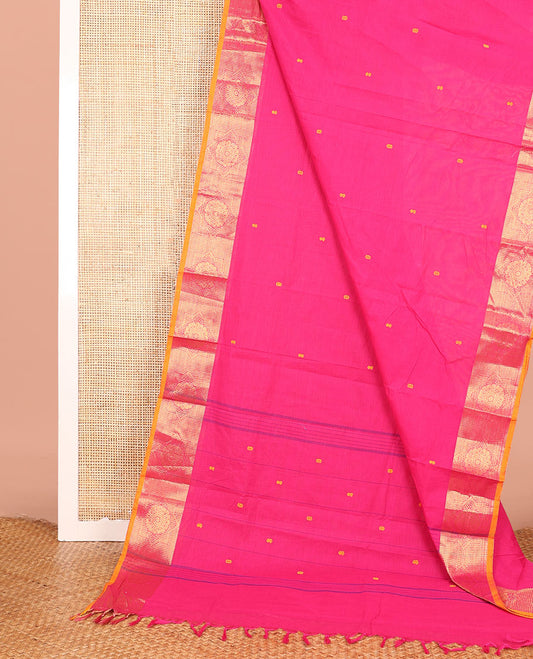 Pink Chettinad Cotton Saree Elevated with Thread Buttas All Over Its Body, Complemented by a Contrast Chakram Motifs Woven Zari Border, Subtly Striped Pallu, and Paired with a Matching Blouse