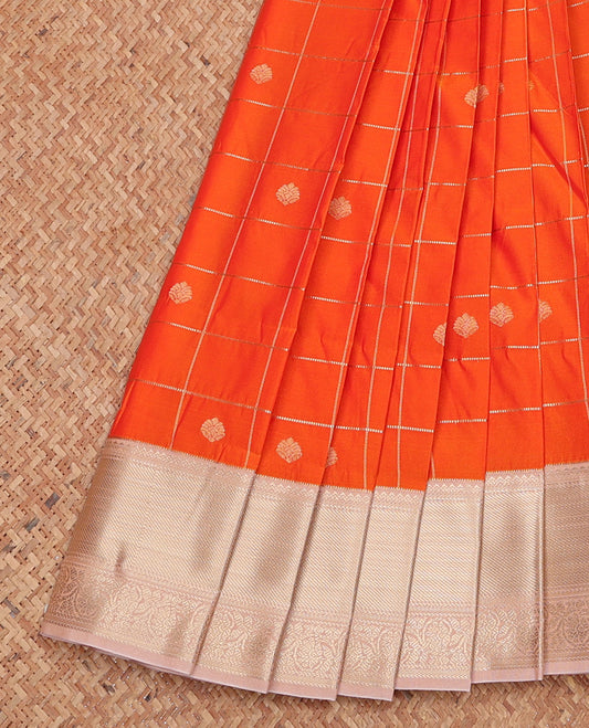 Orange Budget Silk Saree, Embellished with Zari Butta Enclosed Checks, Complemented by a Contrast Traditional Zari Border, Jaal Pallu, and Contrast Blouse