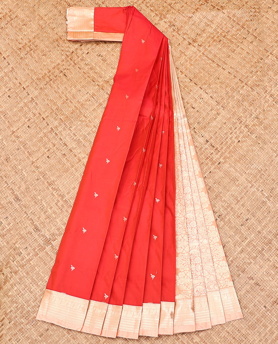 Red Budget Silk Saree, Beautified with Zari Buttas, Captivating Contrast Traditional Zari Design Border, Intricately Designed Pallu, and Has a Contrast Blouse