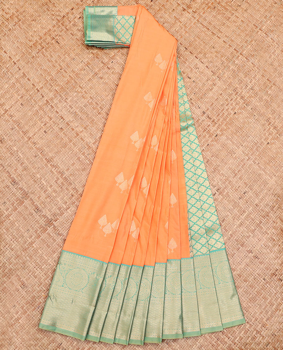 Orange Budget Silk Saree, Mesmerized with Buttas All Over Its Body, Complemented by a Contrast Traditional Zari Design Border, Pallu of Jaal Designs, and Paired with a Contrast Blouse