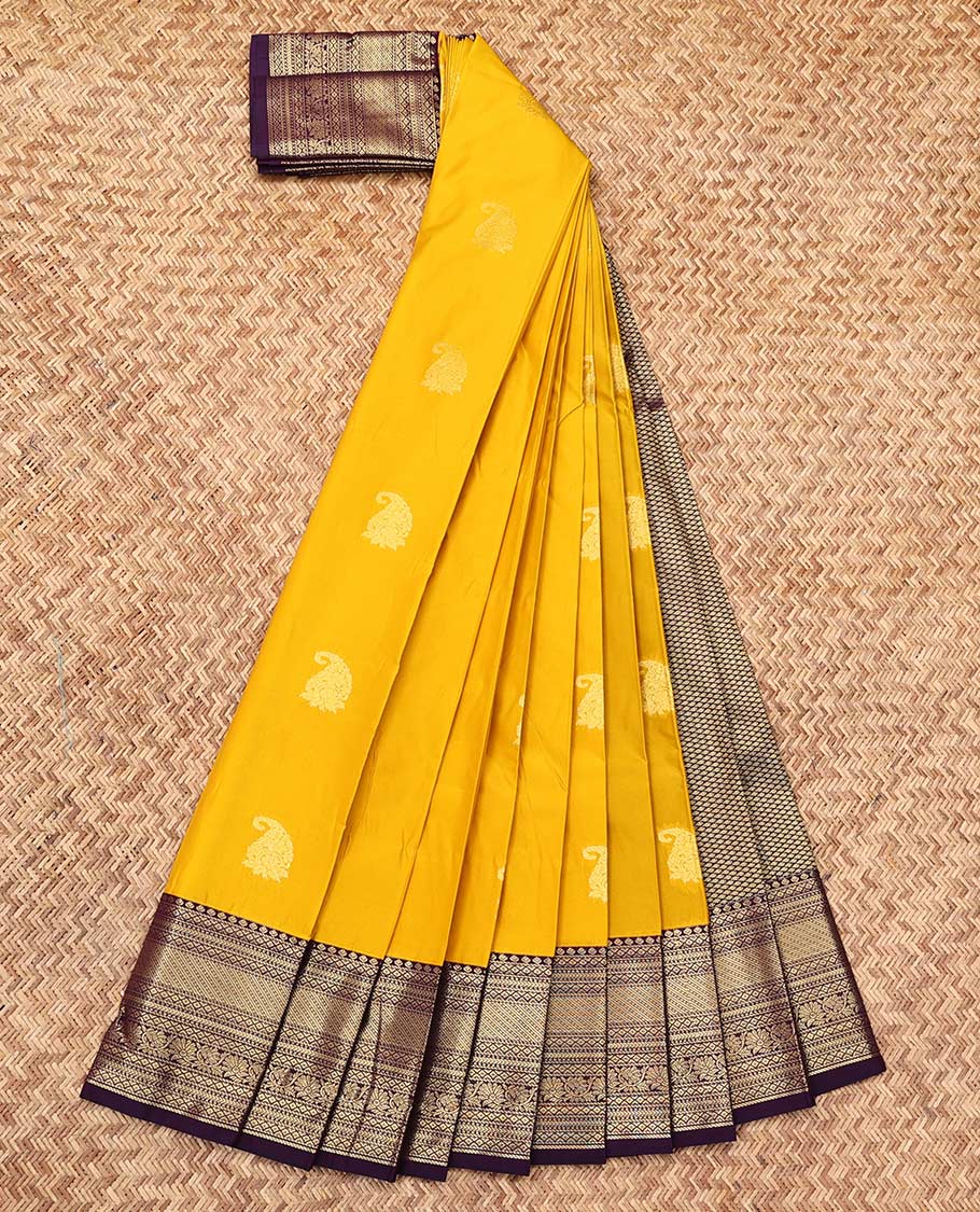 Yellow Budget Silk Saree, Sparsely Threaded with Zari Buttas, a Contrast Traditional Zari Design Border, Grand Pallu, and a Contrast Blouse