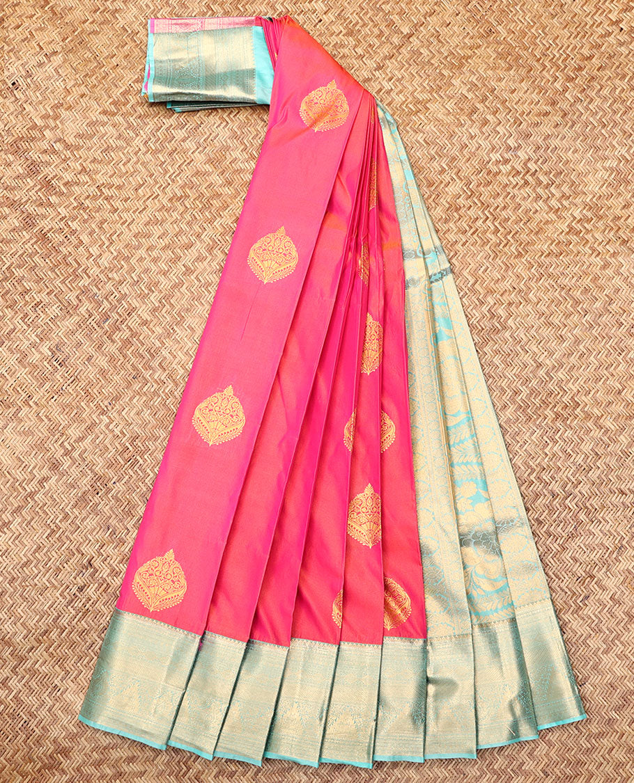 Pink Budget Silk Saree, Detailed with Zari Buttas, Complemented by Contrast Traditional Zari Border, a Grand Pallu  and a Contrast Blouse