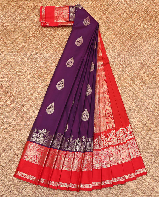 Purple Budget Silk Saree, Artfully Detailed with Zari Buttas on Its Body, Complemented by a Contrast Traditional Zari Designs Woven Rettai Pettu Border, Grand Pallu of Jaal Designs, and Paired with a Contrast Blouse