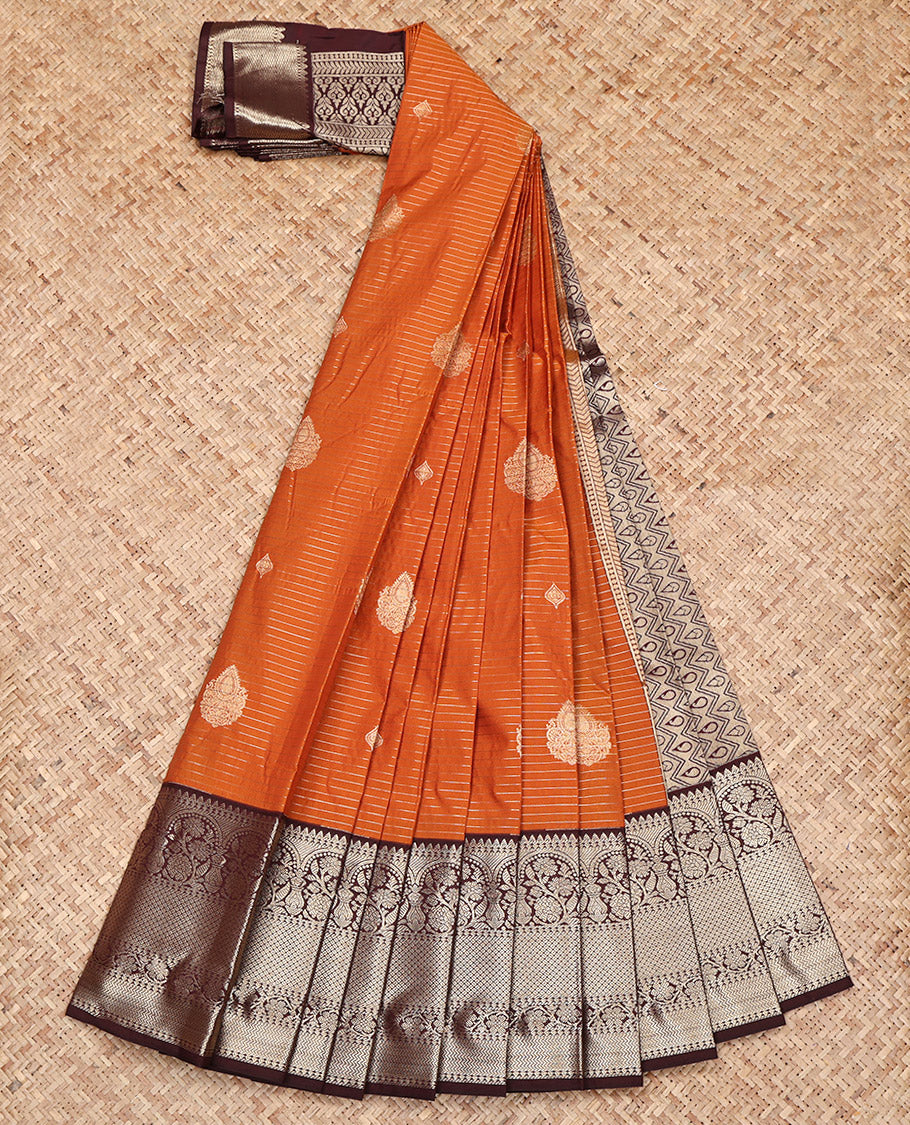 Rust Budget Silk Saree, Ornamented with Zari Buttas and Zari Stripes on Its Body, Complemented by a Contrast Traditional Zari Design Border, Pallu of Paisley and Chevron Stripes, and Paired with a Contrast Blouse
