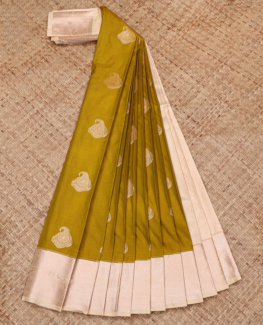 Mustard Budget Silk Saree, Adorned with Zari Buttas All Over Its Body, Complemented by a Contrast Traditional Zari Design Border, Intricate Pallu, and Paired with a Contrast Blouse