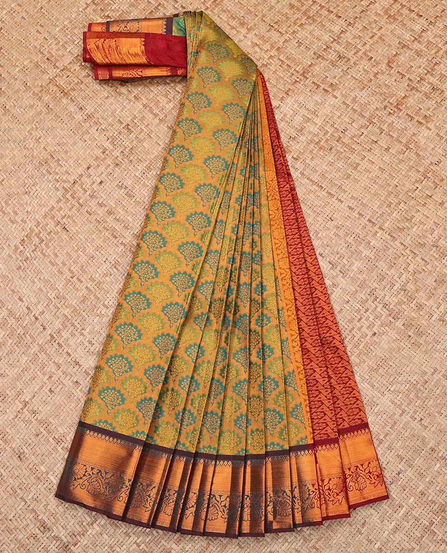 Yellow Budget Silk Saree, Spotlighted with Jacquard Design, Complemented by a Contrast Traditional Zari Border, Grand Pallu, and a Contrast Blouse
