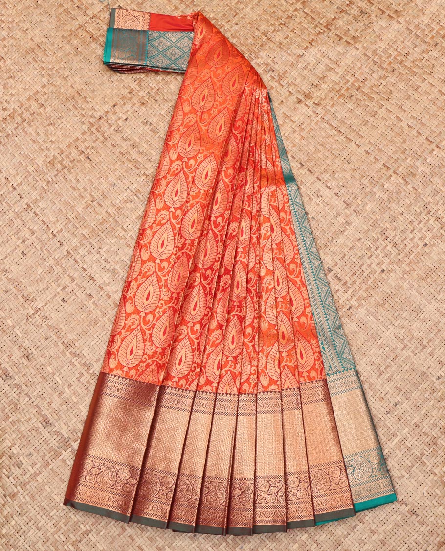 Orange Budget Silk Saree, Gleamed Up with Jacquard Design, Complemented by a Contrast Traditional Zari Border, Jaal Pallu, and Contrast Blouse