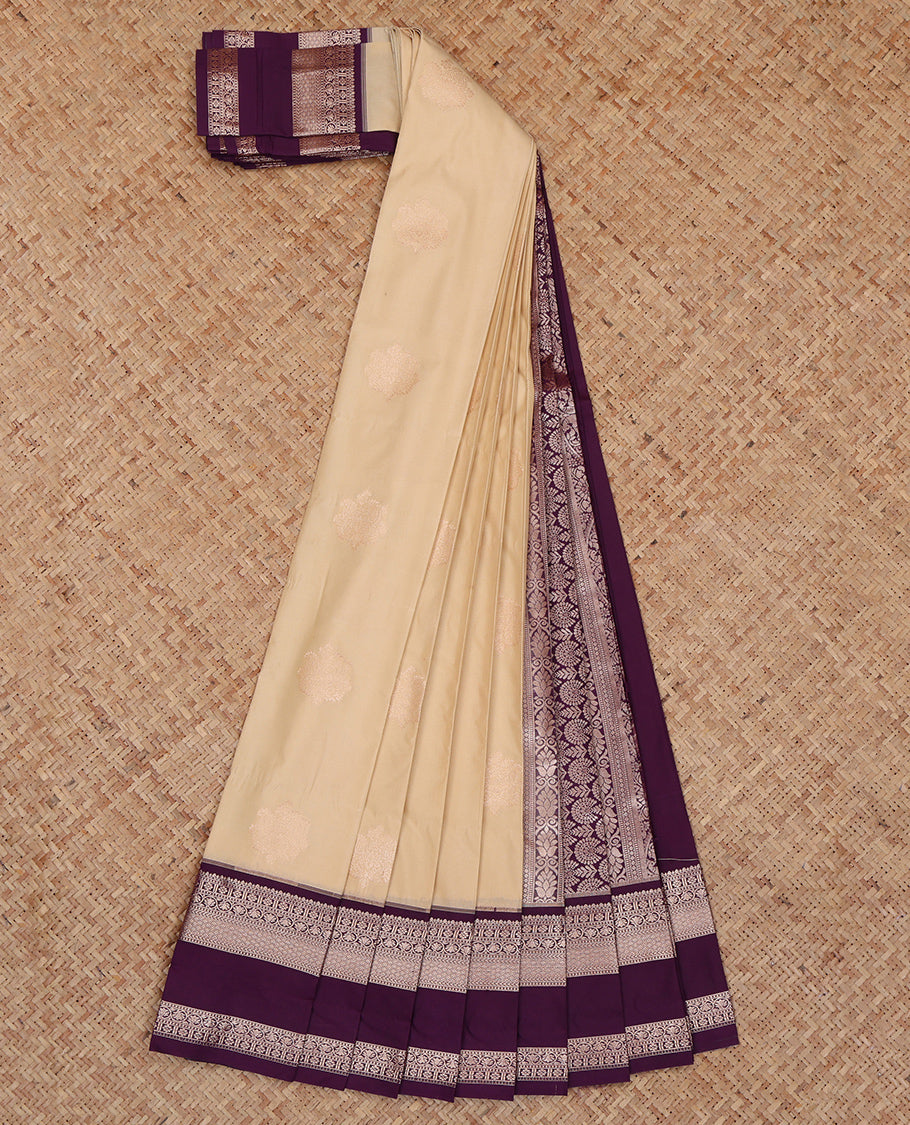 Sandal Budget Silk Saree, Sparsely Woven with Zari Buttas, Complemented by a Contrast Traditional Zari Rettai Pettu Border, Grand Pallu, and a Contrast Blouse
