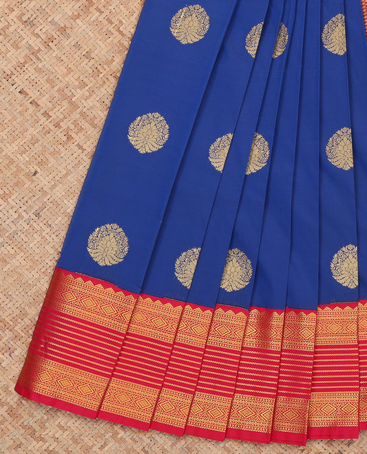 Blue Budget Silk Saree, Graced with Zari Buttas and Stripes, Complemented by a Contrast Traditional Zari Border, Grand Pallu, and Contrast Blouse
