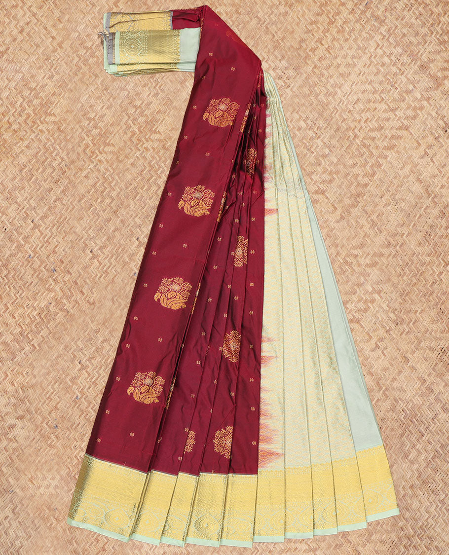 Maroon Budget Silk Saree, Ornamented with Zari Buttas and Checks, a Contrast Traditional Zari Border, Grand Pallu, and a Contrast Blouse