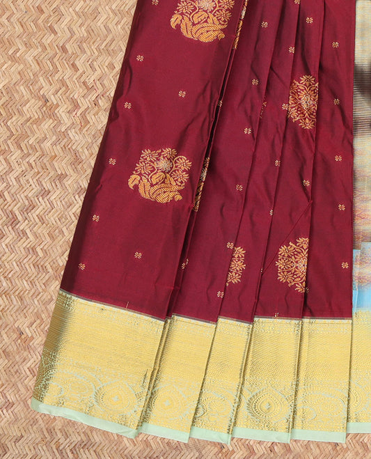 Maroon Budget Silk Saree, Ornamented with Zari Buttas and Checks, a Contrast Traditional Zari Border, Grand Pallu, and a Contrast Blouse