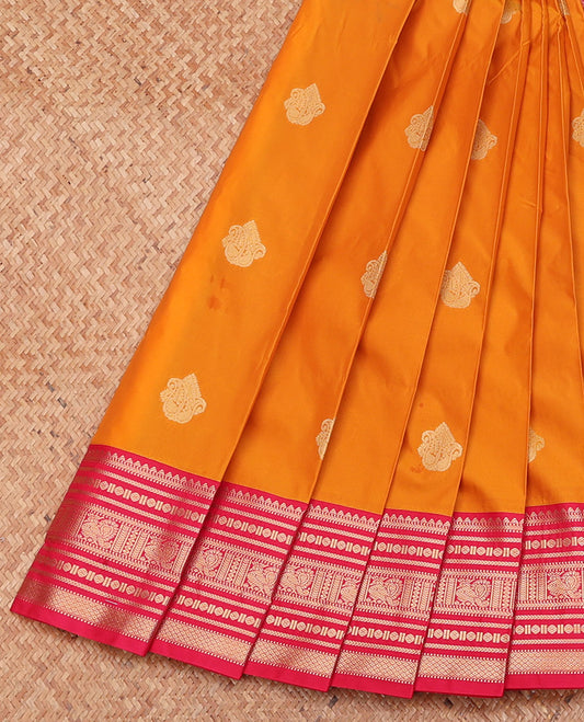 Orange Budget Silk Saree, Mesmerized with Zari Buttas, Complemented by a Contrast Traditional Zari Border, Geometric Pallu, and a Contrast Blouse