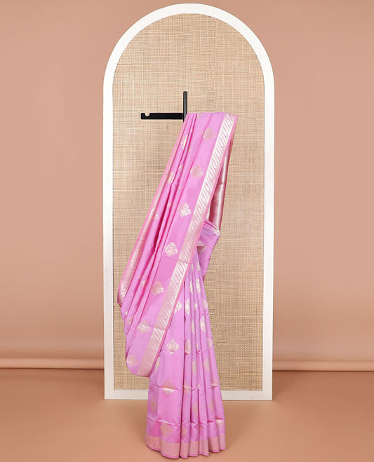 Baby pink flower motifs butter silk saree with self zari design border & floral design pallu