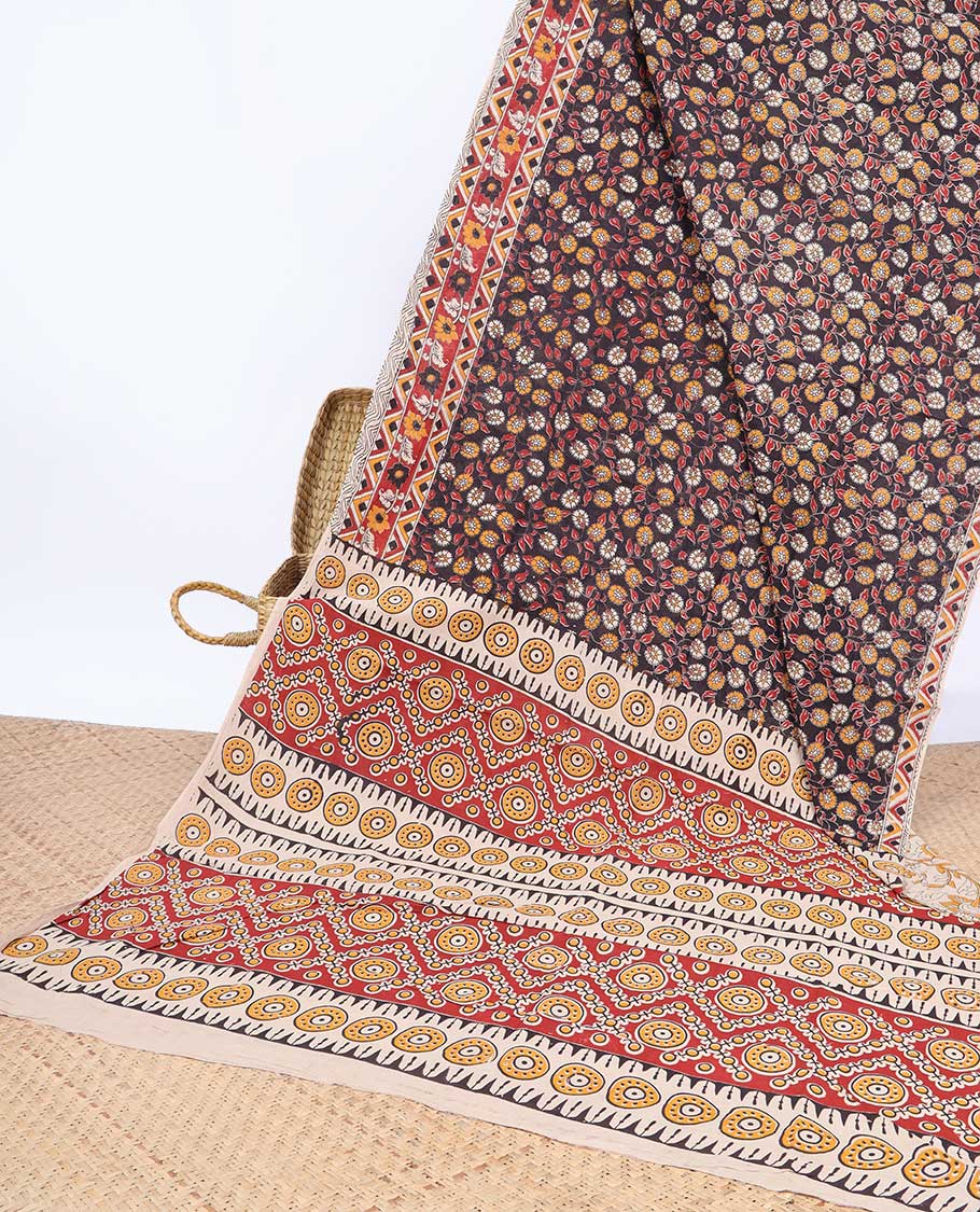 Brown floral vine machine-printed kalamkari cotton saree, contrast geometric border & intricate motifs pallu
