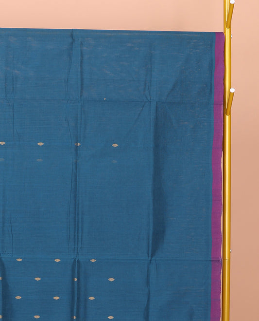 Blue Venkatagiri Cotton Saree, Elevated with Buttas, a Contrast Zari-Thread Border, Pallu of Stripes, and No Blouse